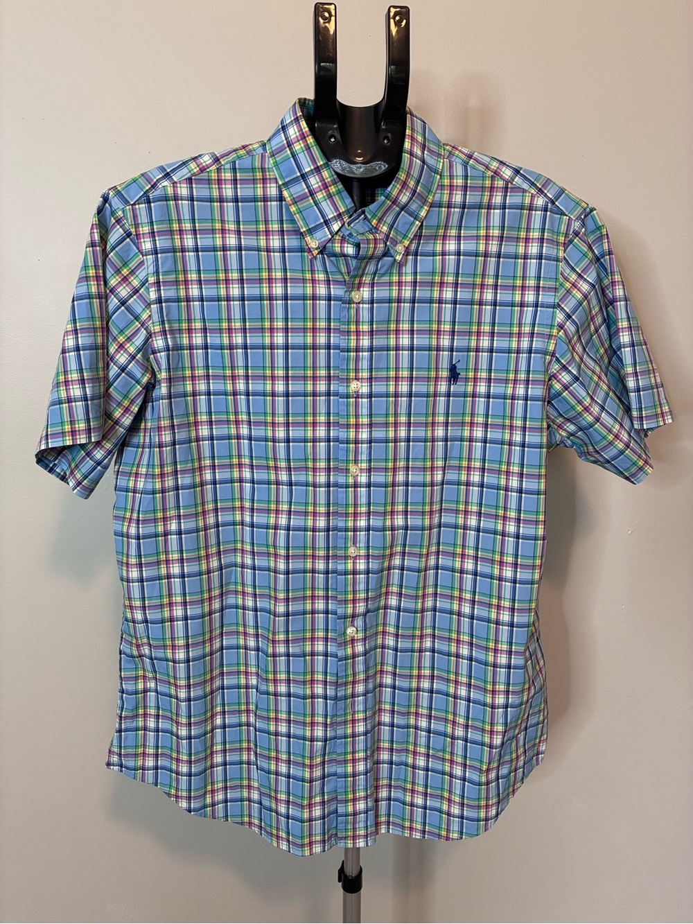 Ralph Lauren Plaid Button Down Shirt Men’s Large Blue Pink Green Short Sleeve